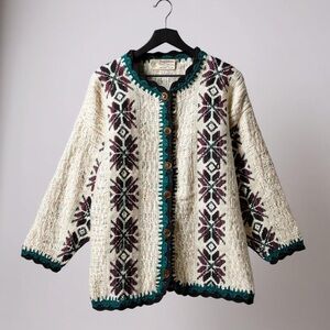 Vintage Ecuadorian Handicrafts Wool Cardigan Jacket Handmade Snowflake Knit